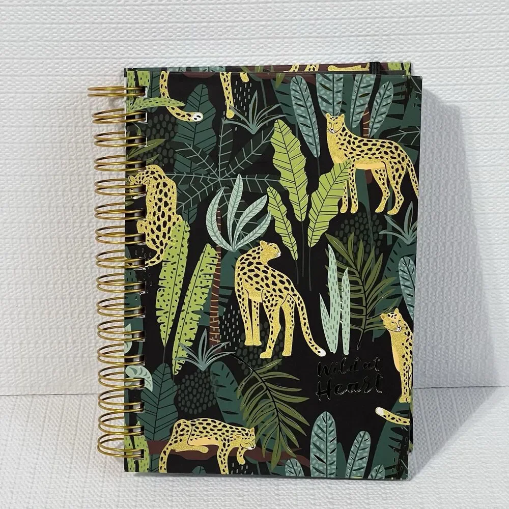 WILD AT HEART Hardcover Spiral Notebook Journal Black Green Lined Jungle Leopard